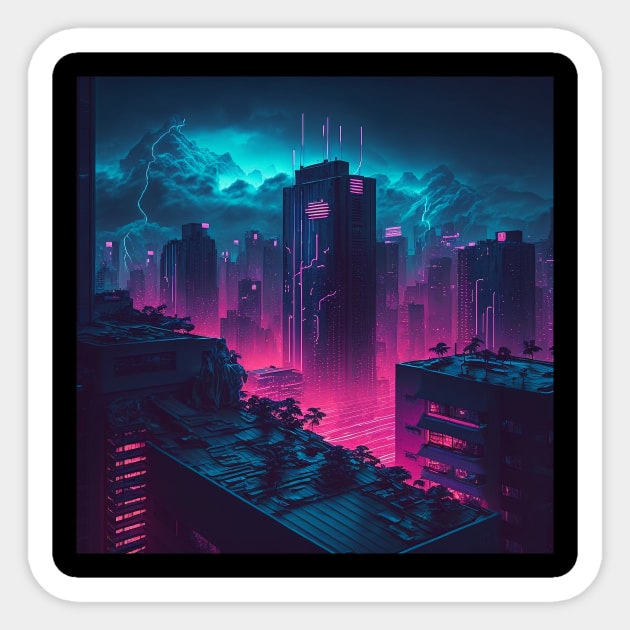 Violet Vapor - Cyberpunk Cityscape Skyline Sticker by ArkMinted